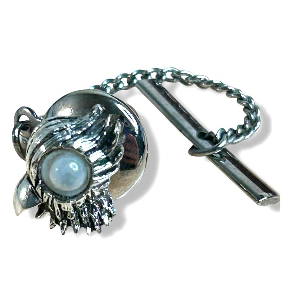 VTG Mid Century Silver Tone Eagle Head Tie Tack Pin Chain T-Bar MCM Diamente Eye